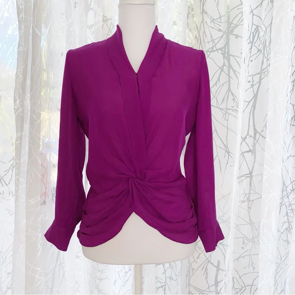 L’AGENCE PURPLE PLUM PLUNGE SILK TWIST FRONT LONG SLEEVE MARIPOSA BLOUSE top - Picture 1 of 12